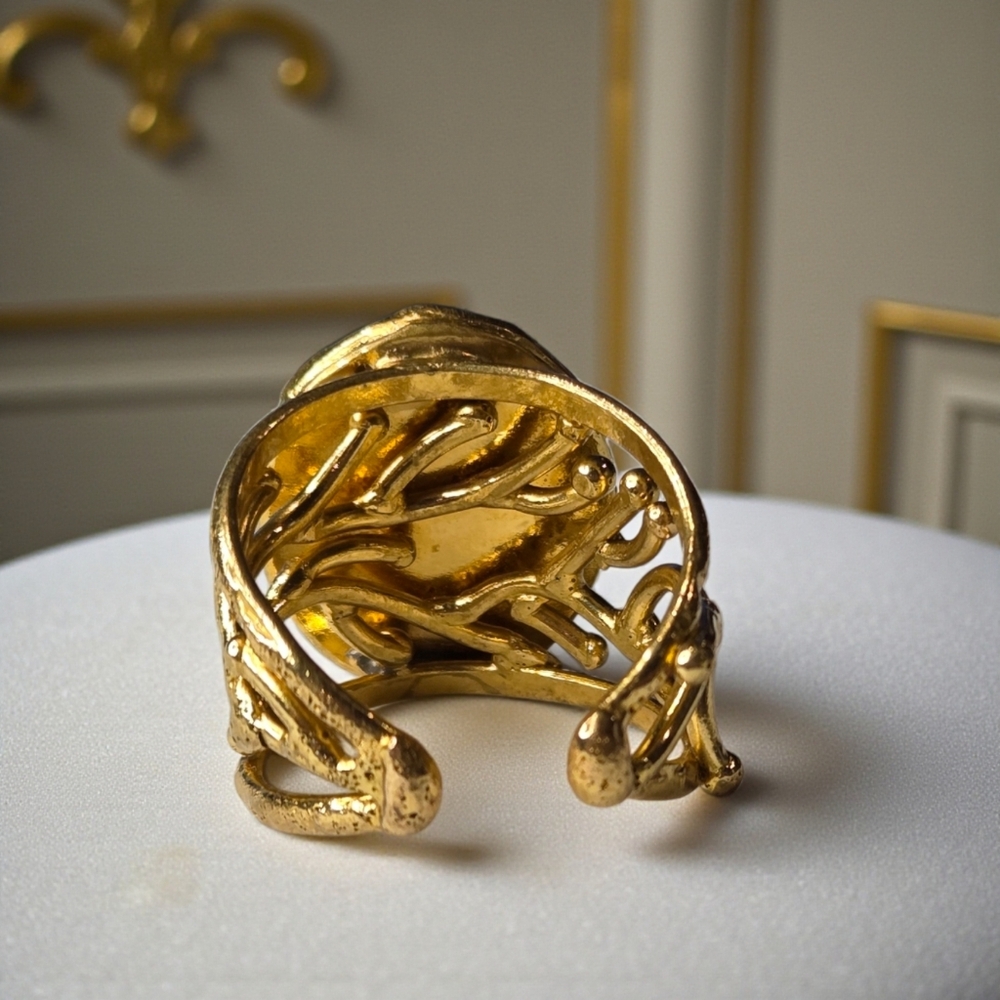 18k Gold Plated Artisan Genuine Turquoise Flower Branch Wide Band Ring - Picture 4 of 6